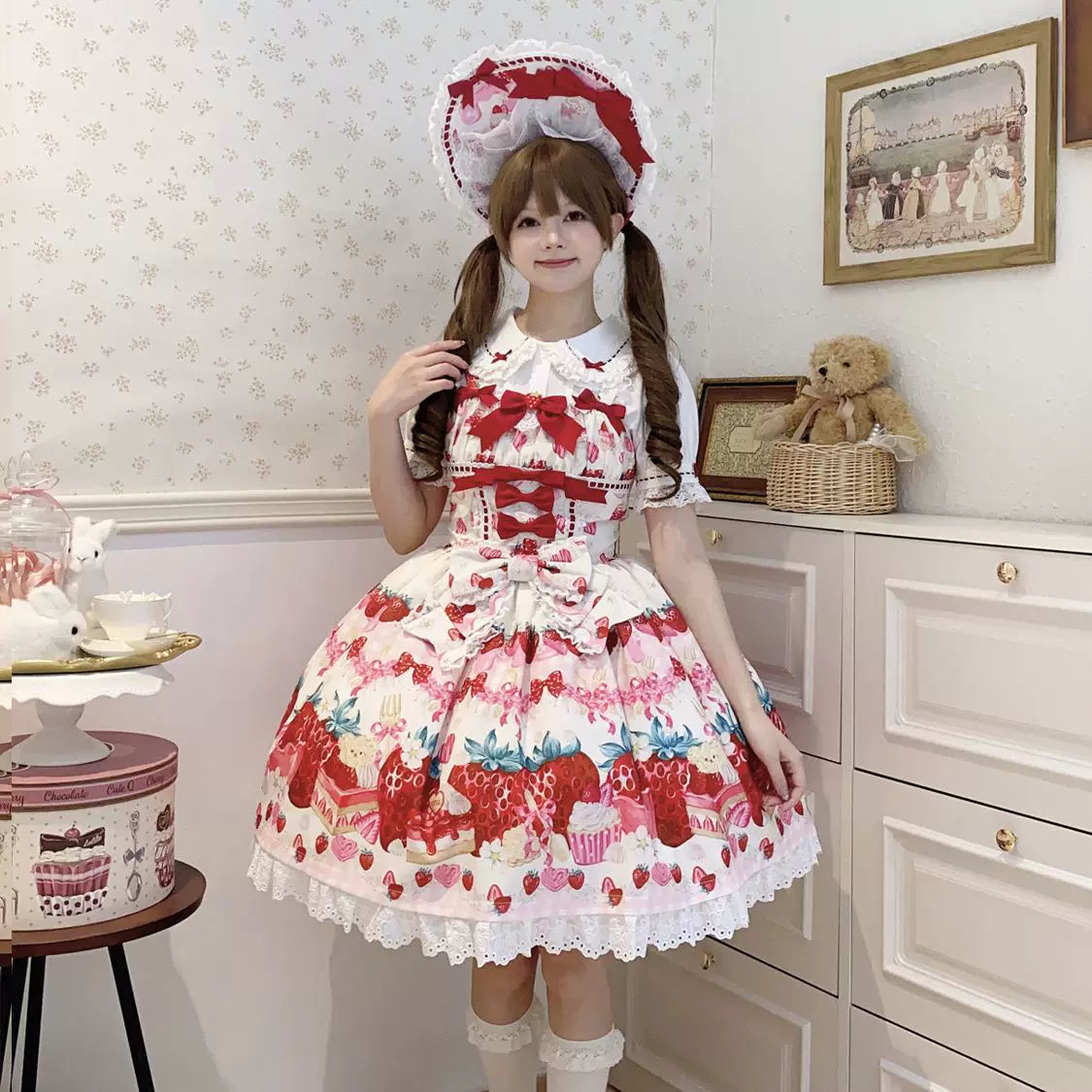 Lady Han Sweet Berry Love Sweet JSK dress featuring a vibrant berry print and elegant lace details, perfect for lolita fashion.