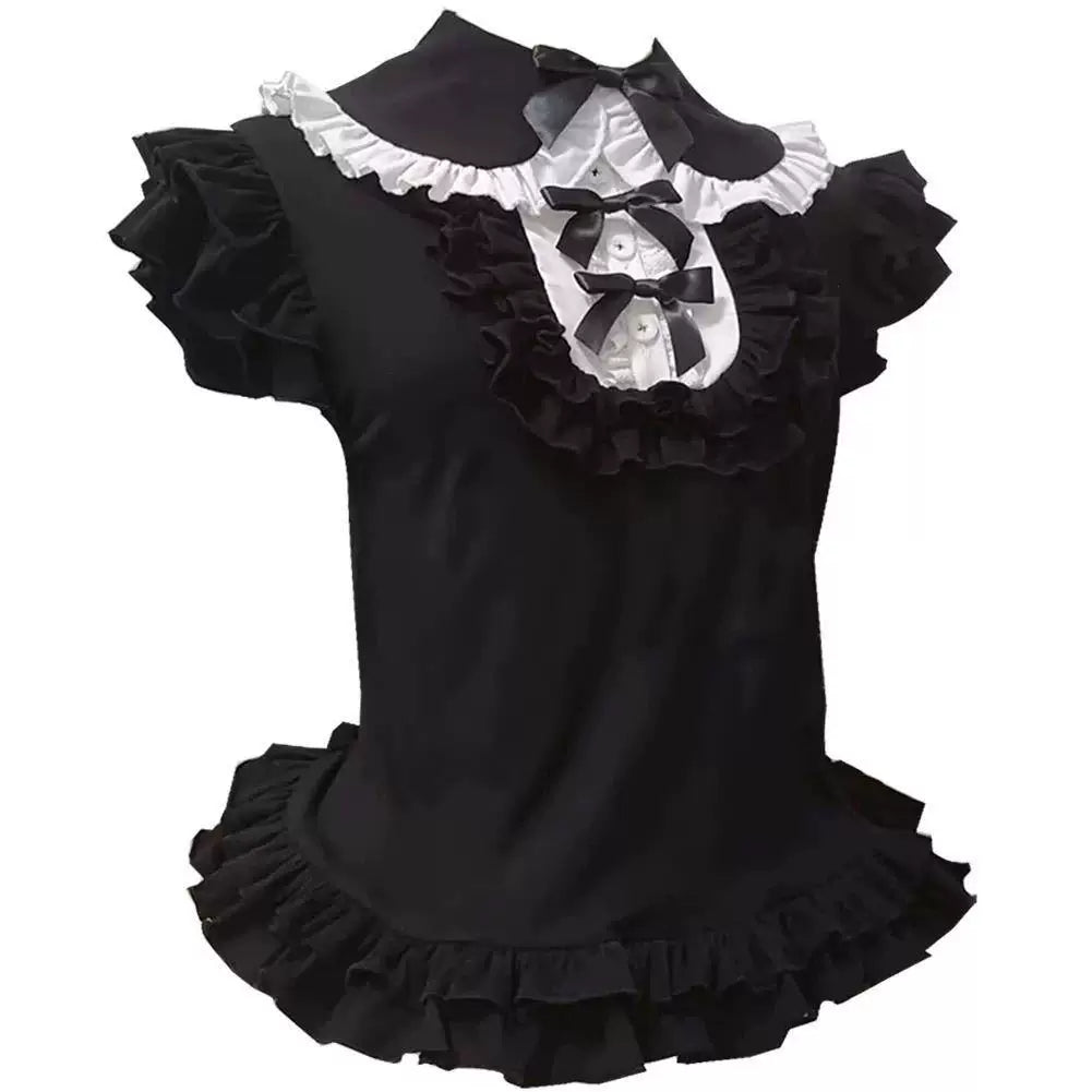 Black 8023 Lolita T-shirt with ruffled white collar, bow bib, and flutter sleeves on a white background.