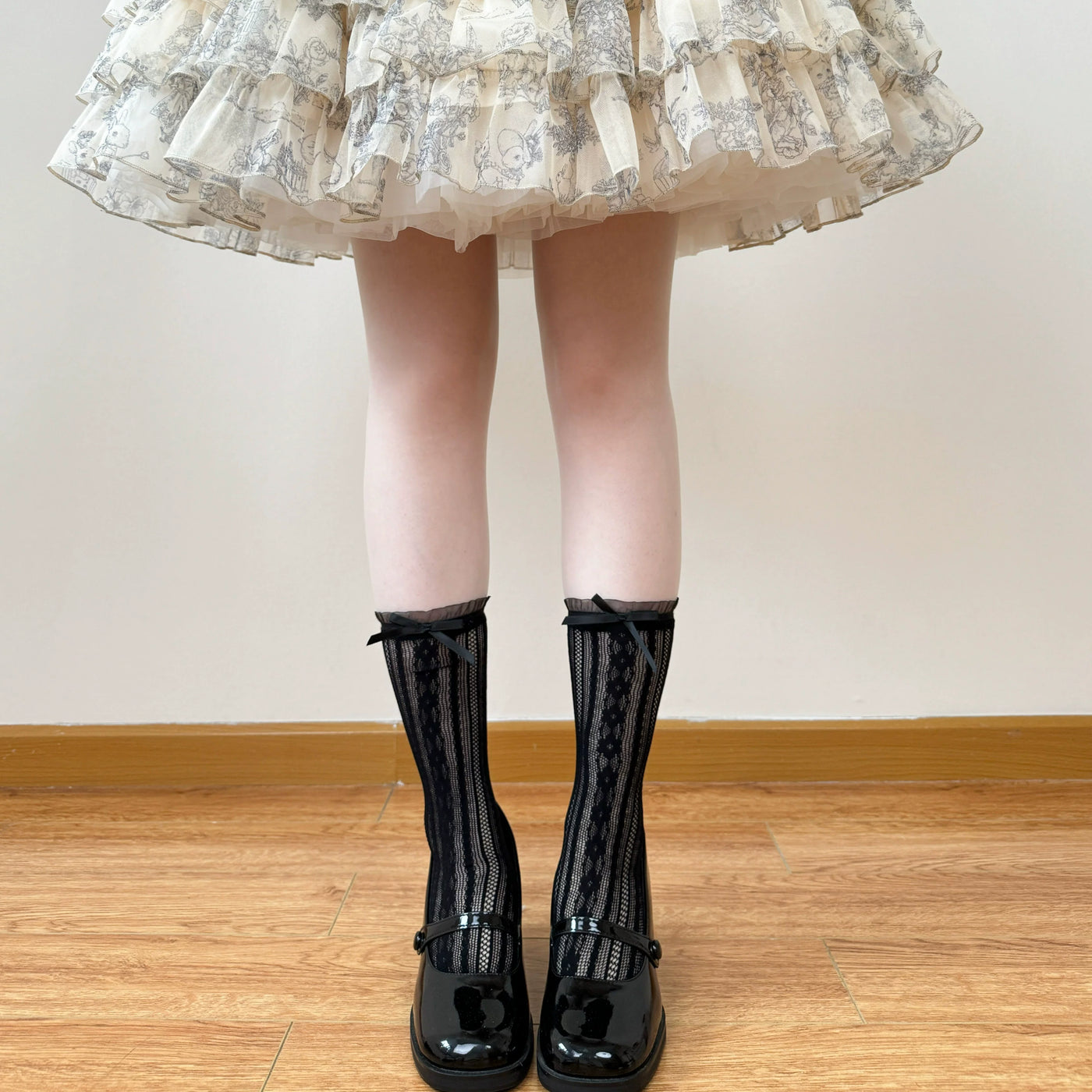 Chubby Bear Tales - Jennifer and Vivian Lace - Black lace socks with ruffled and bow details