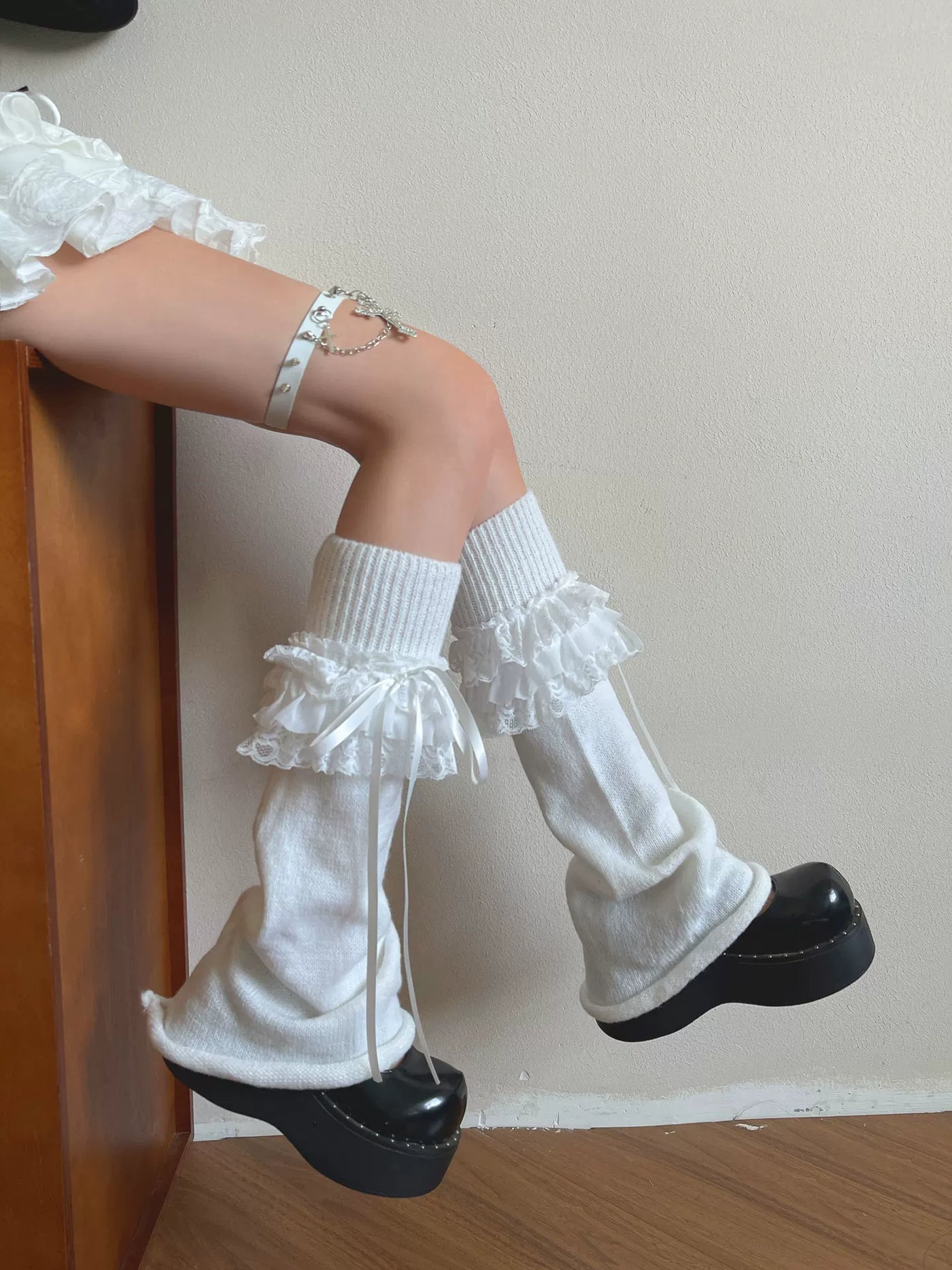 Sock Noble - Layered Lace Bow - Knit sock covers with multi-layer lace ruffles