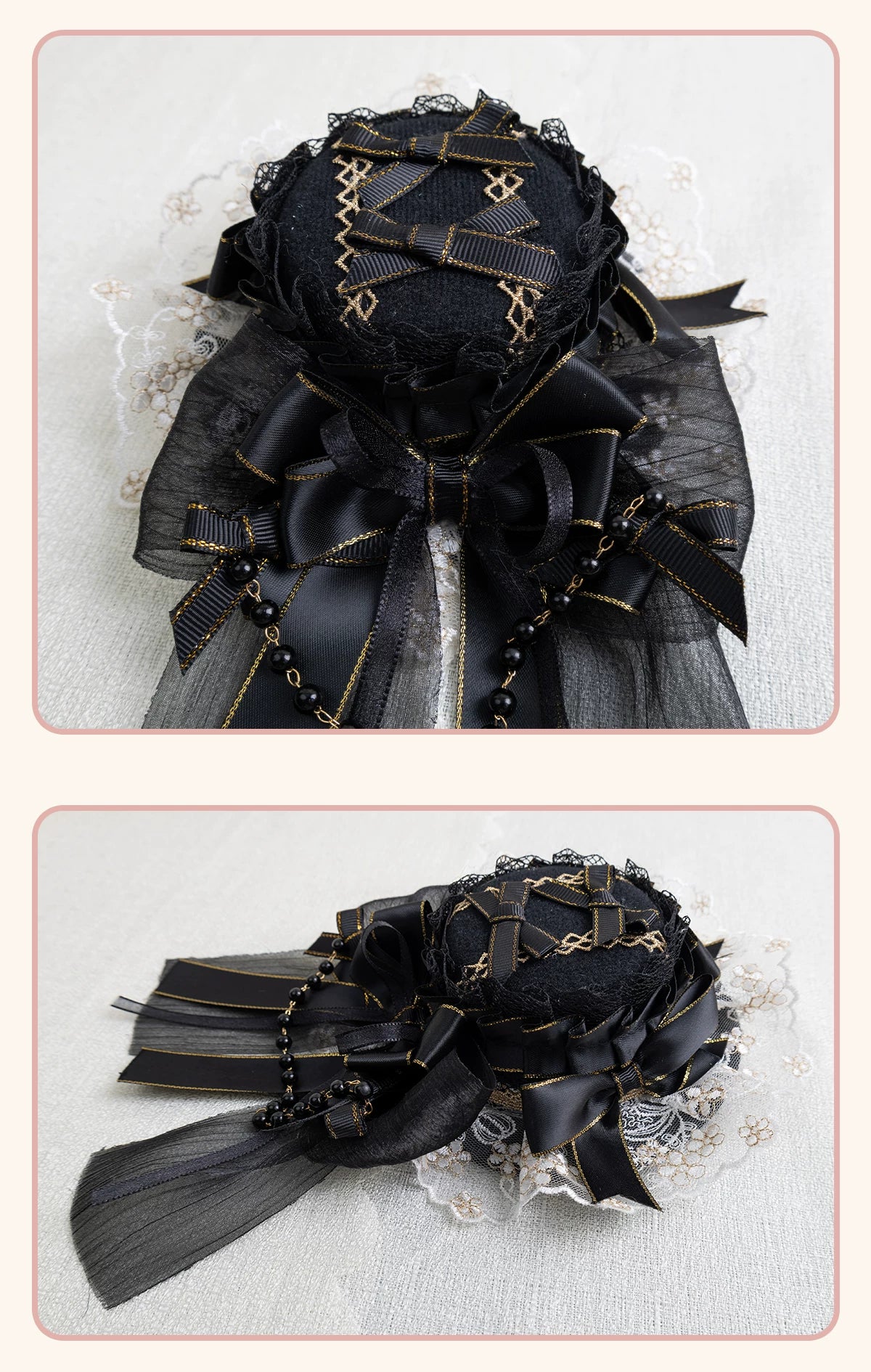 Stardust Rose - Night Banquet - Black-and-Gold Lolita Headwear with Lace and Bows