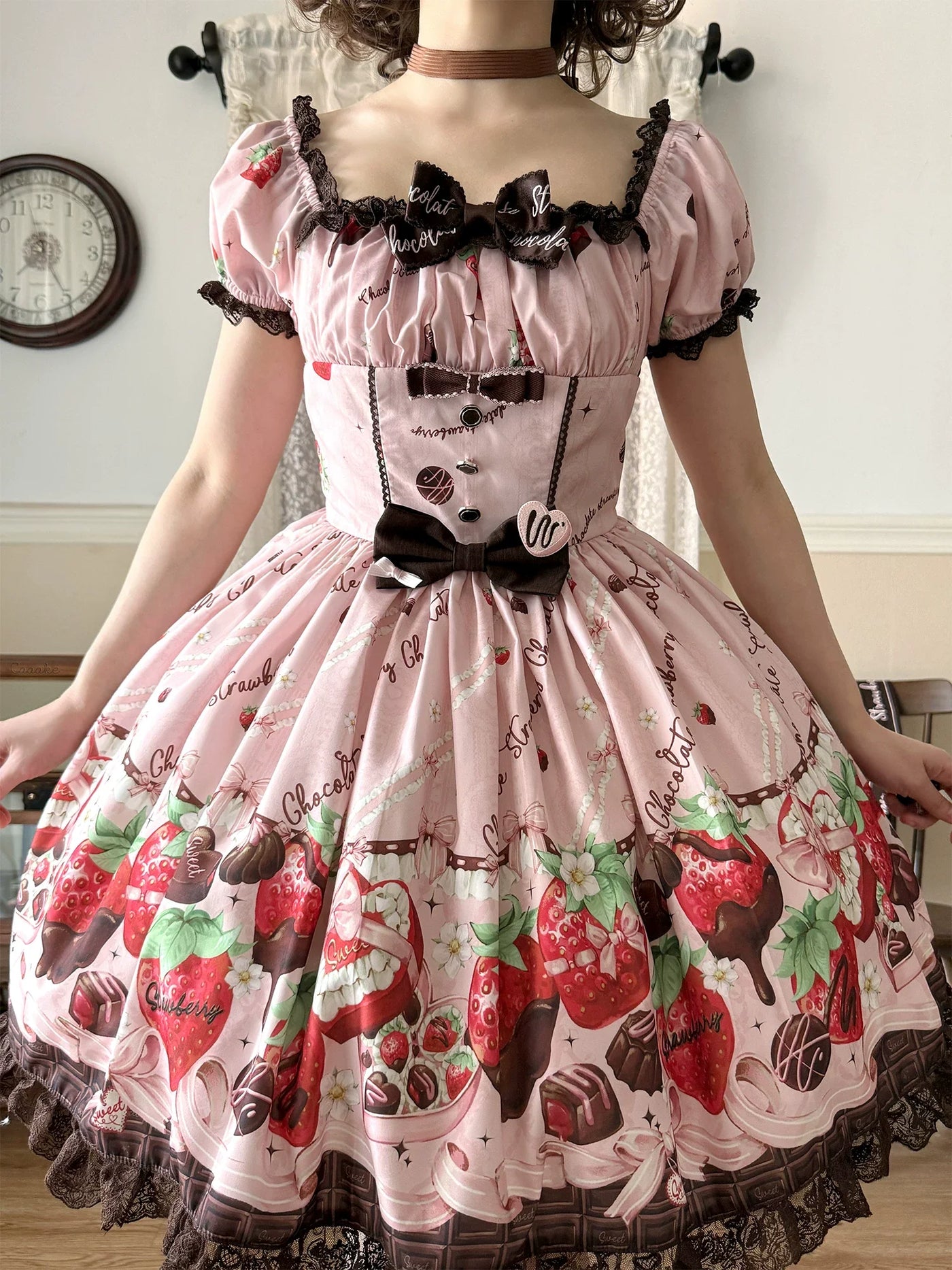 DreamWhale - Strawberry Chocolate Lovers - Kawaii Lolita Embroidered Printed Dress