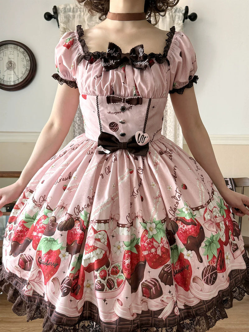 DreamWhale - Strawberry Chocolate Lovers - Kawaii Lolita Embroidered Printed Dress
