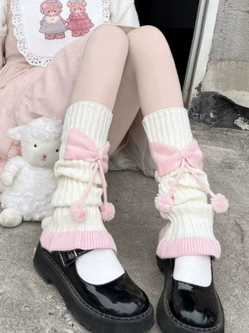 Fantasy Doll - Sweet Bow Pom-Pom - Pink-and-White Leg Warmers with Bow Trim