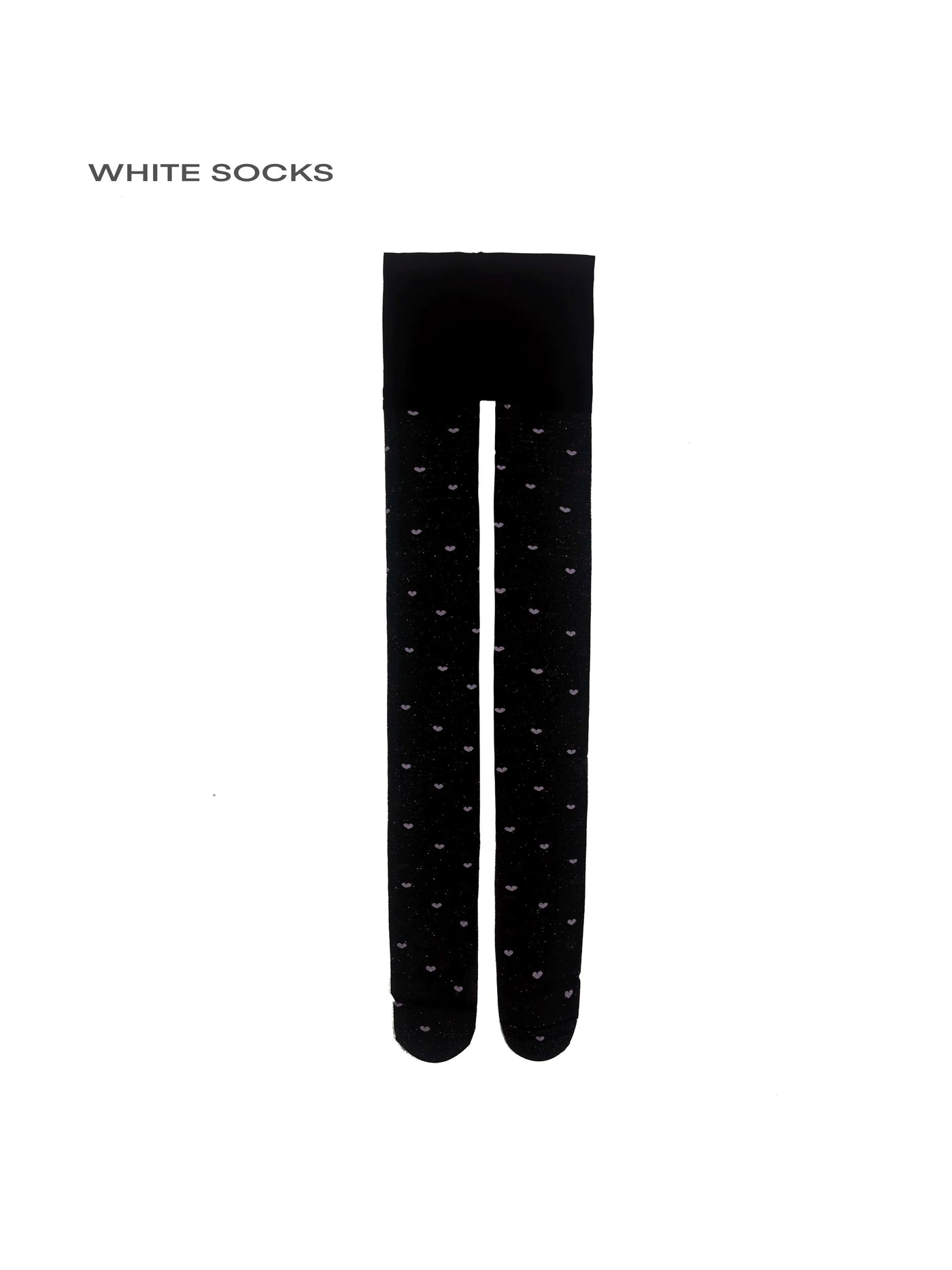 Black sheer tights with small heart motifs styled with black shoes