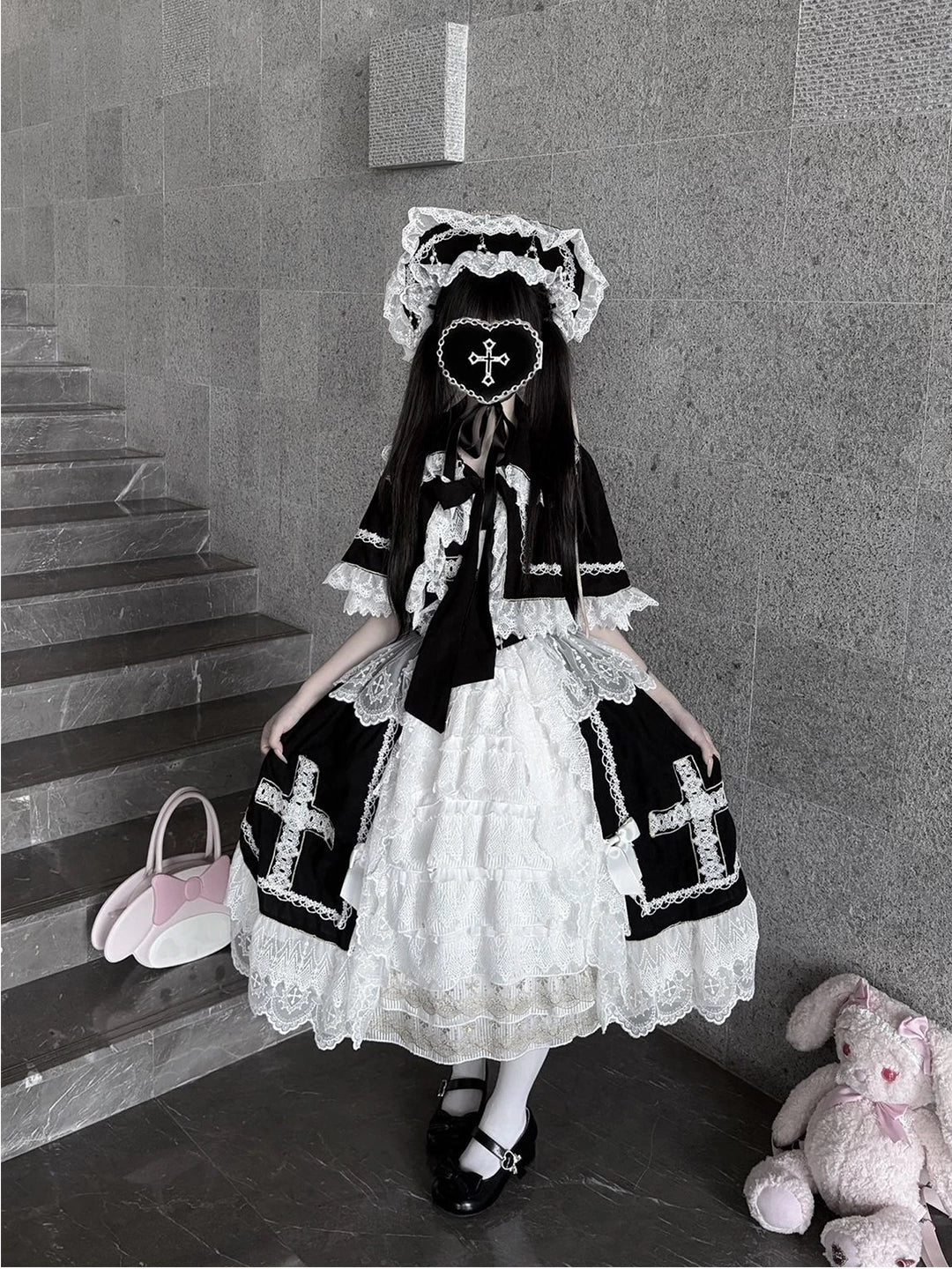 Black-and-white JSK dress and cape set with cross motifs