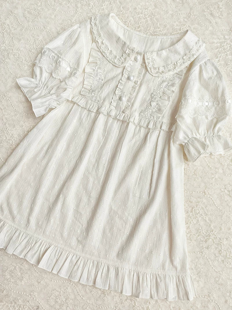 Yilia - Jacquard Sweetheart - Peter Pan Collar Puff Sleeve Blouse