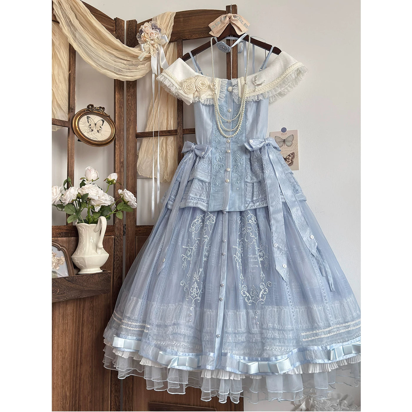 Creamy - Blue Bridal - Top and Skirt Set with Pearl Trim and Floral Embroidery