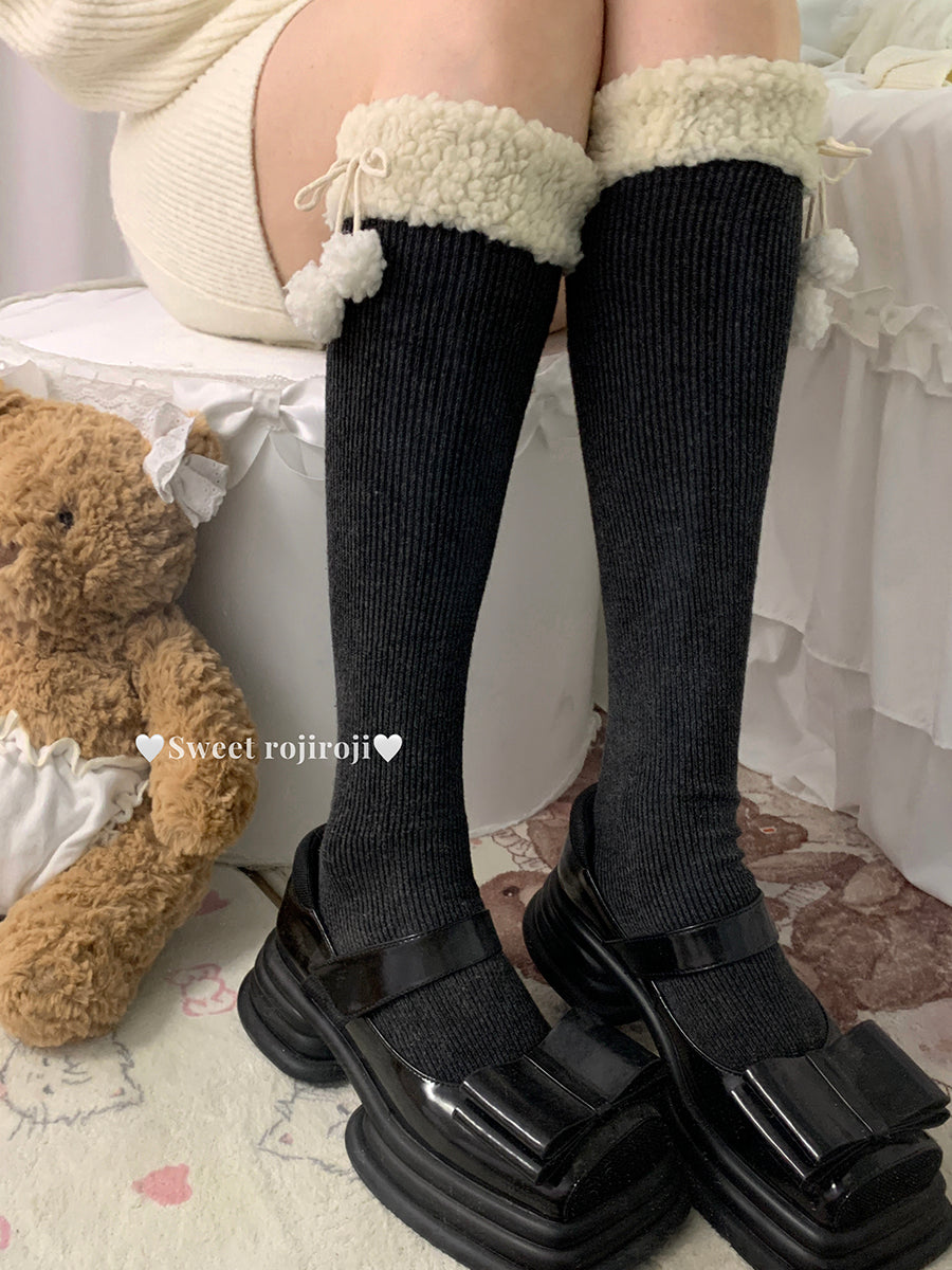 roji roji - Plush Pom-Pom - Lamb-Fleece Over-the-Knee and Calf Socks with Pom-Pom Cuffs - option image