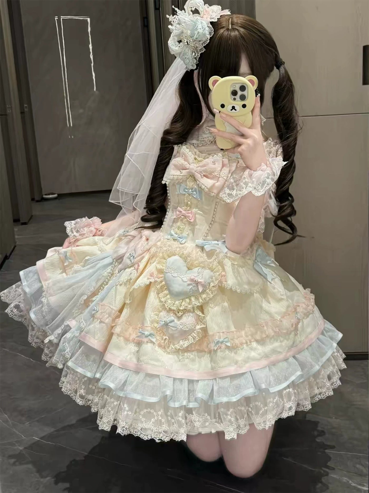 Dream Bunny Sweetheart Macaron pastel JSK dress with layered ruffles and bow accents