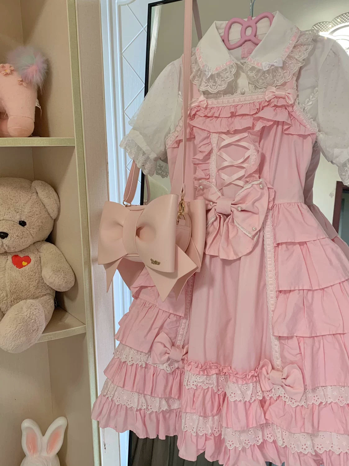 White Lolita stand-collar short-sleeve blouse with red polka-dot bow and lace trim