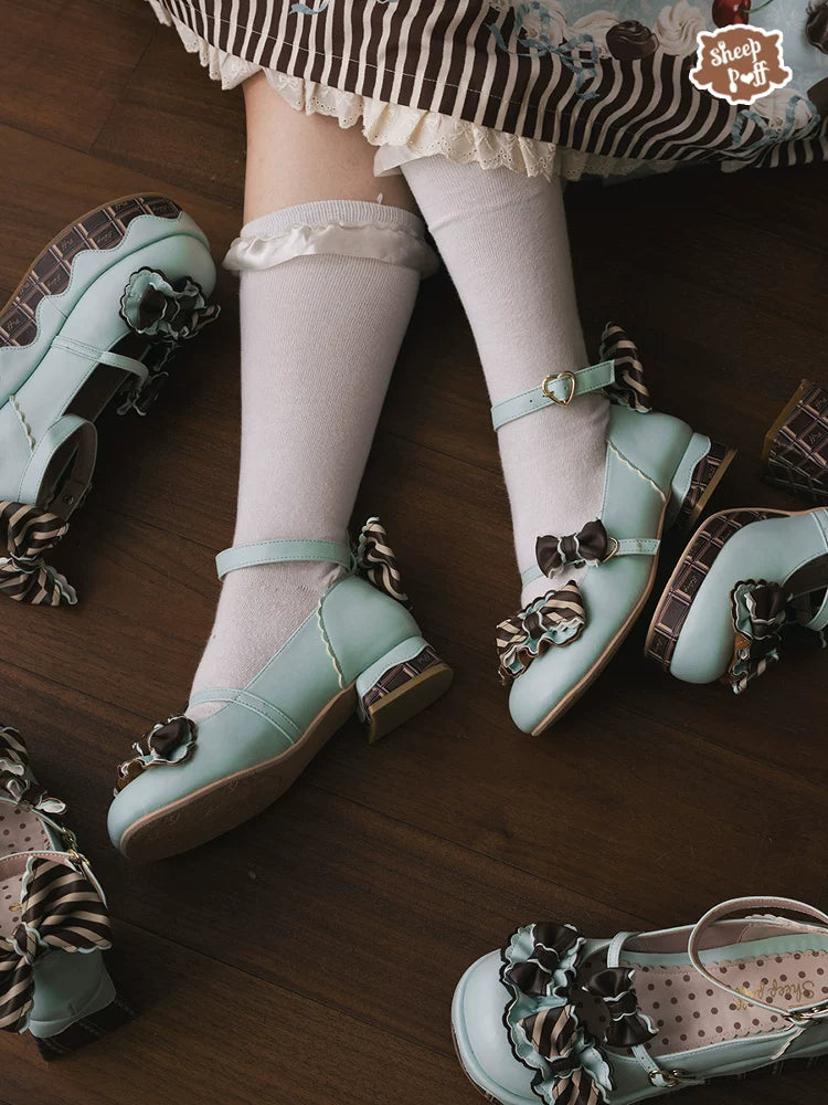 Sheep Puff low heel Lolita shoes with sheep puff crust chocolate design, featuring a cute and stylish footwear silhouette.