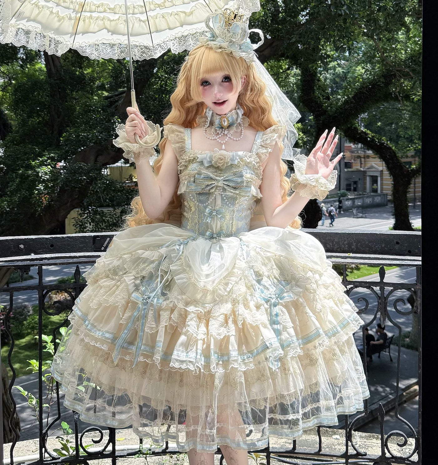 Pale blue and ivory Clear Sky JSK with layered lace shown on a model.