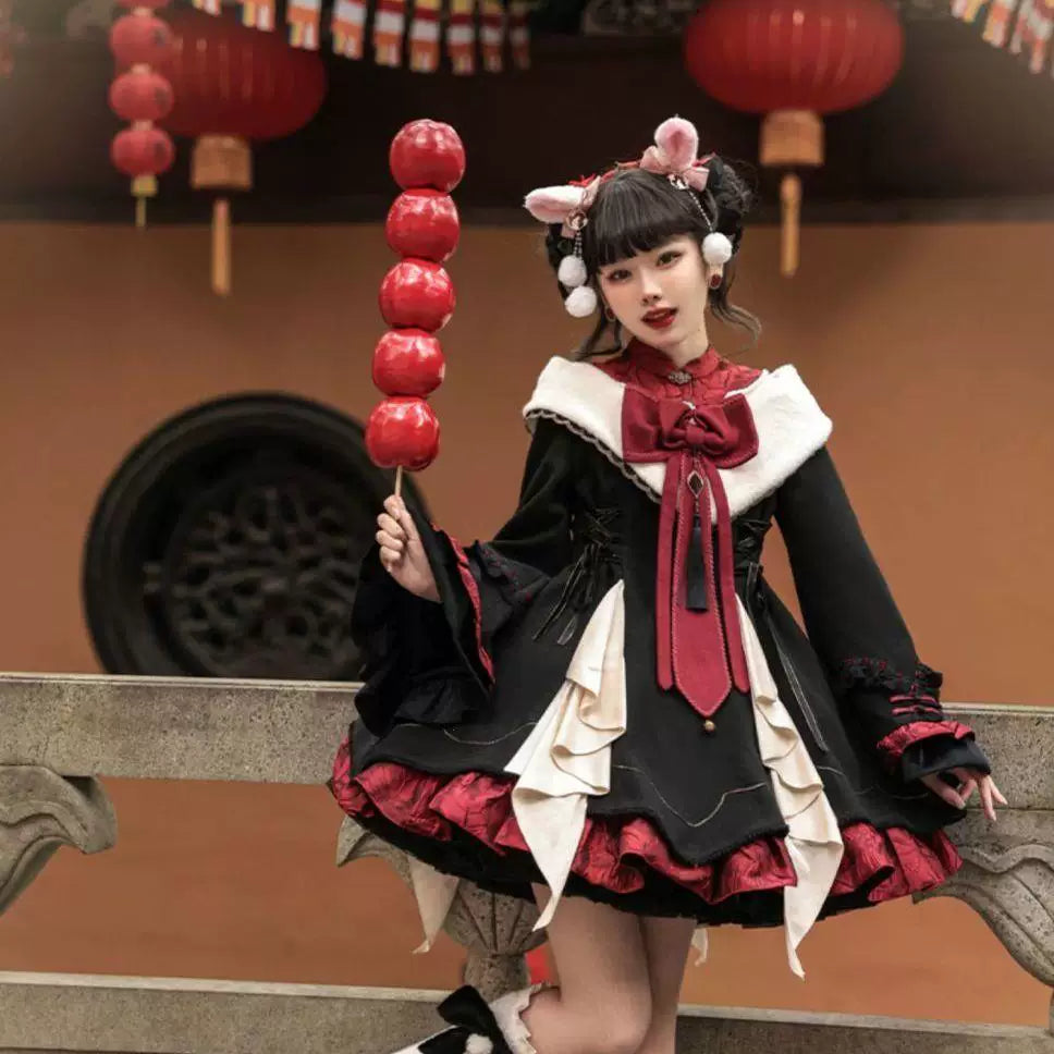 Sweetheart Dream Machine - Maohua - Black-Red Chinese-Style OP Dress with Ruffled Bib