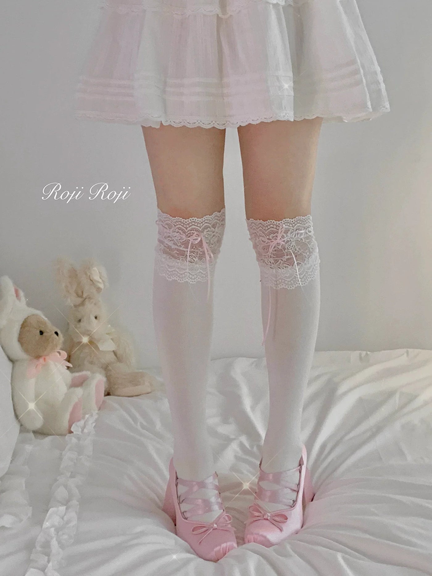 Roji Roji - Combed Cotton Lolita Lace Spliced - Socks with Colorful Bows Socks