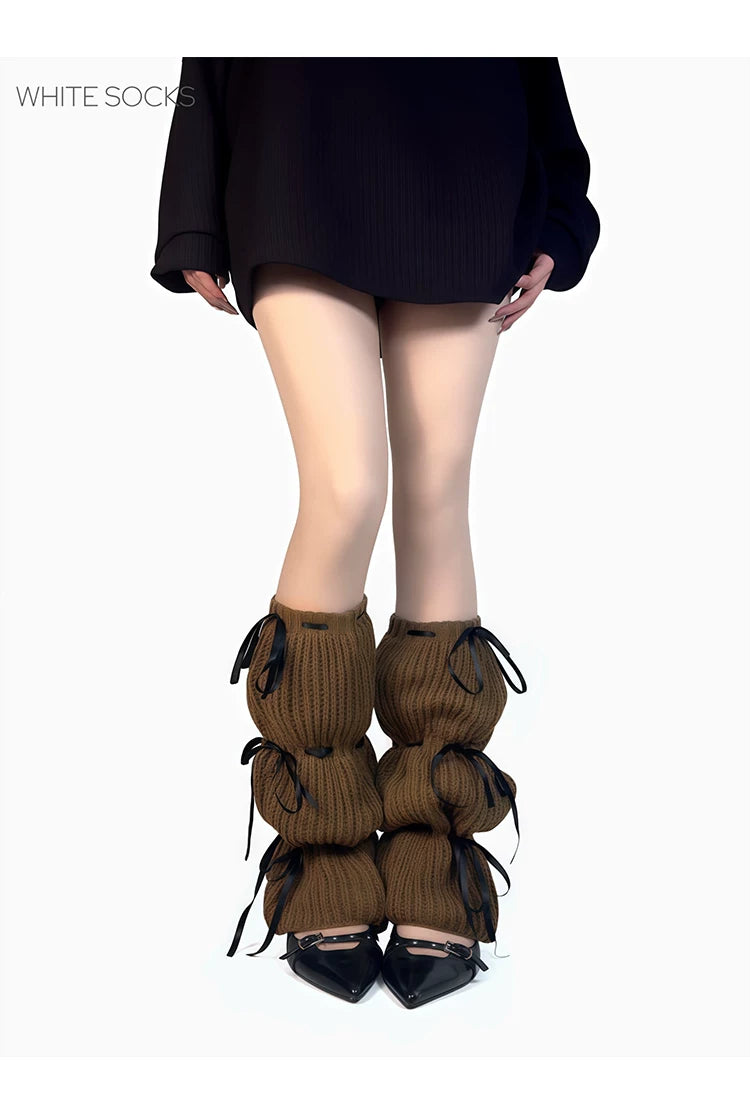 White Socks - Ribbon-Tie Knit - Gathered Calf Leg Warmers with Black Ribbon Ties
