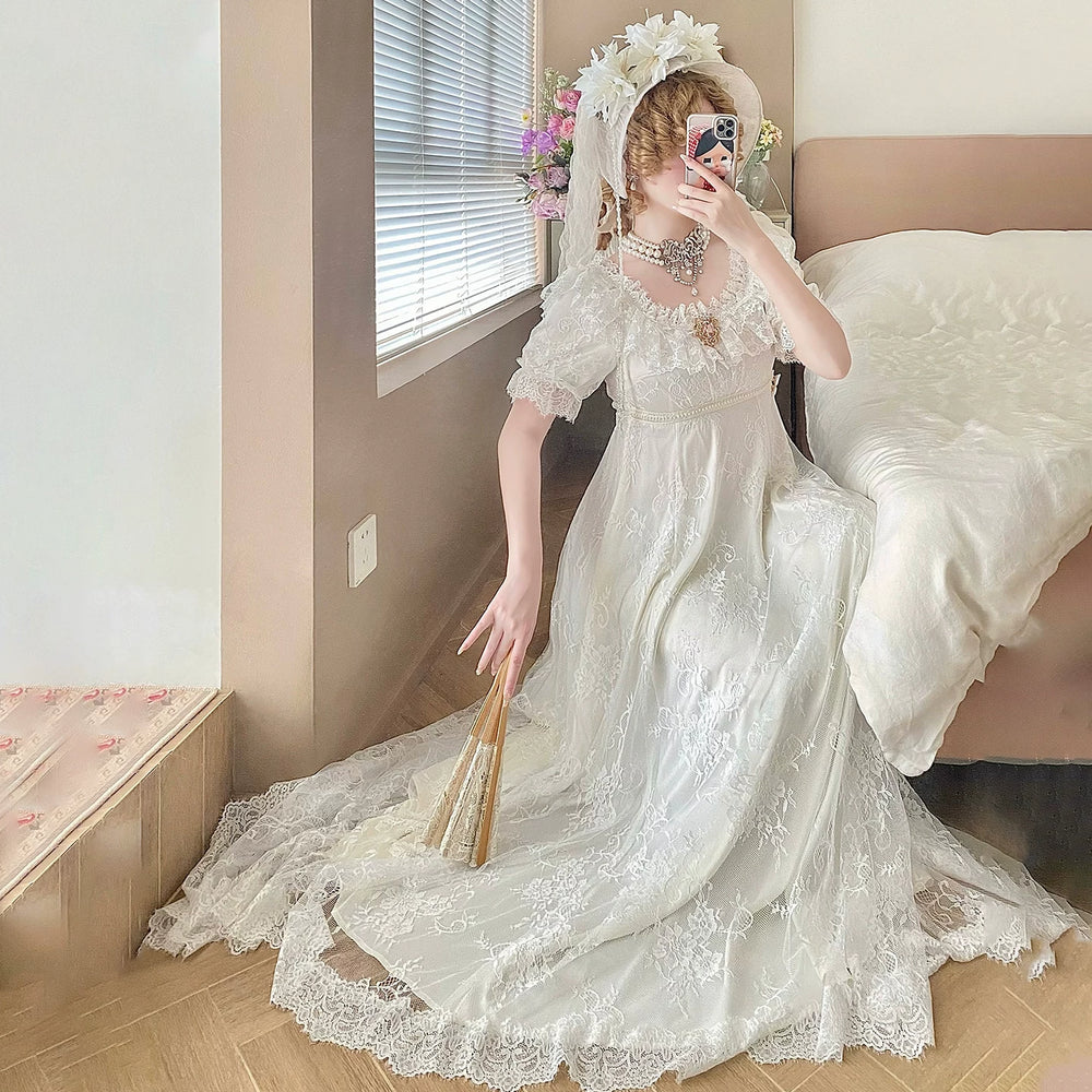 Moon Lily Holy Heart Lily white empire waist lace dress with a long train