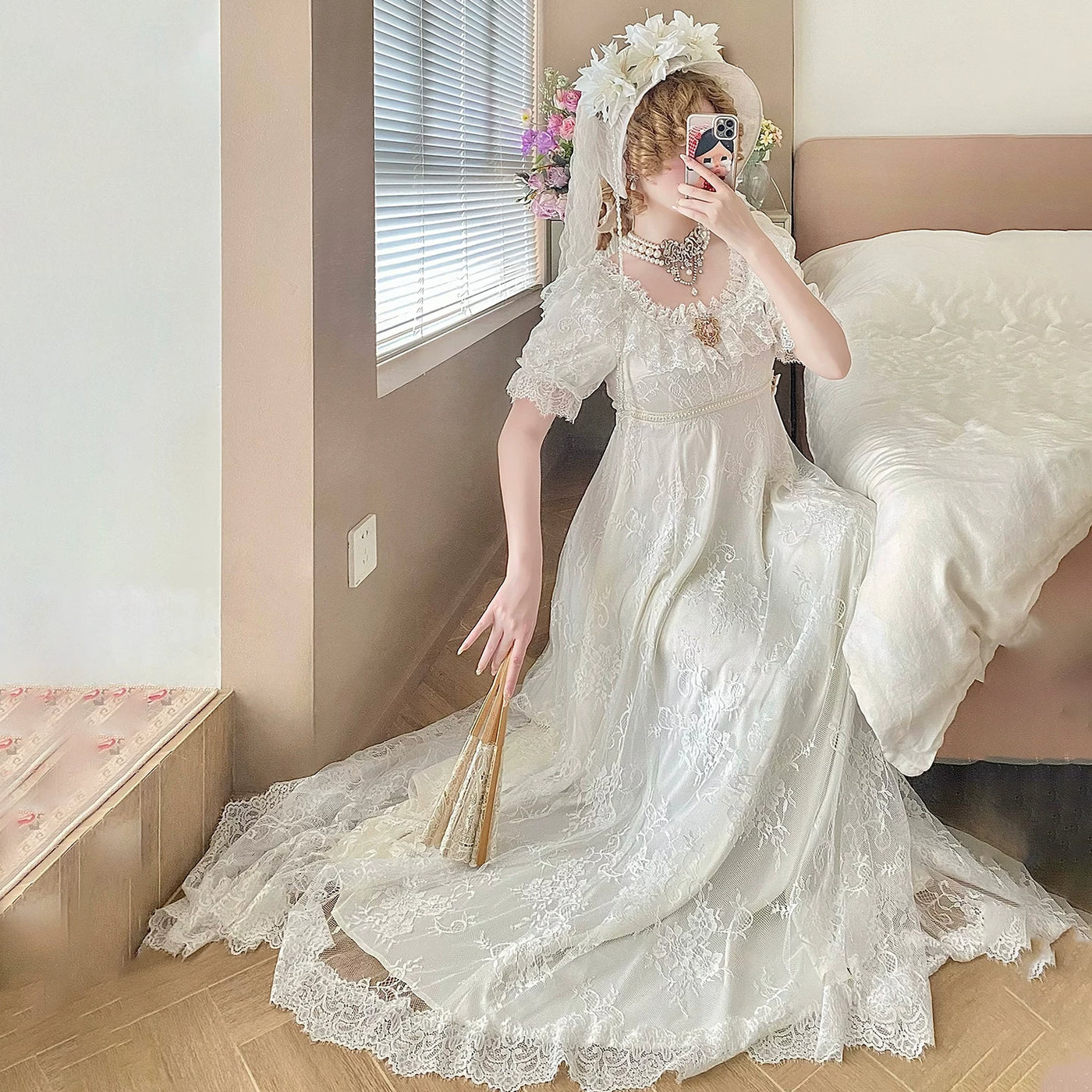 Moon Lily Holy Heart Lily white empire waist lace dress with a long train