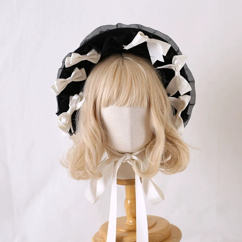 Xiaogui - Classic Lolita Lace Bonnet Hat - Detachable Bows Headwear