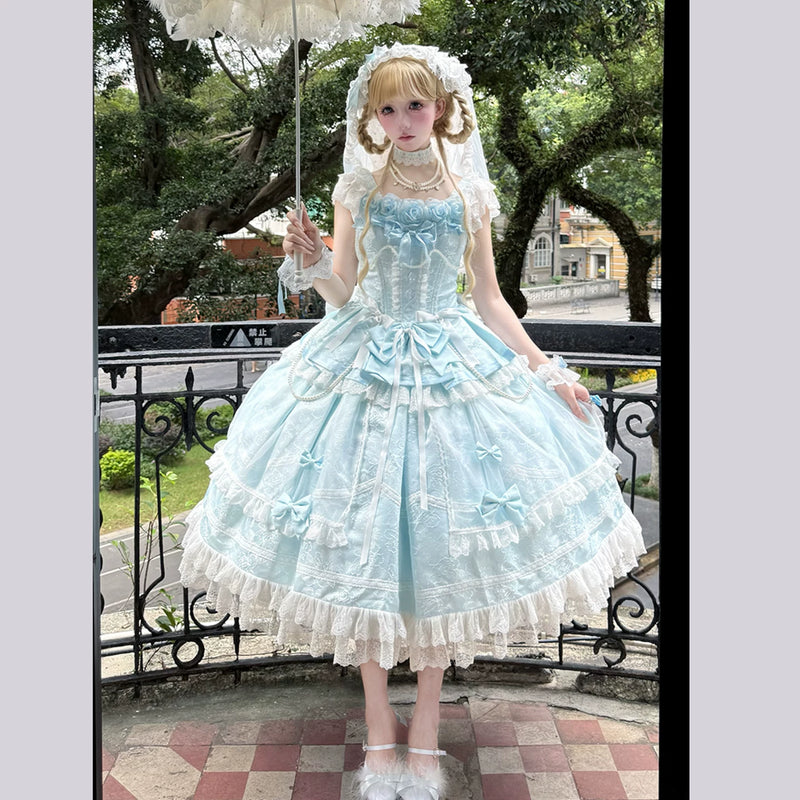 Yanran Ice Water Rose JSK dress tiered skirt detail with lace hem and ribbon bows