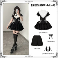 With PUJI - Doki! - Sweet Lolita OP Dress, Pockets - Black short-sleeve OP 4-piece set (short-sleeve OP + shorts + Nocturne brooch + 2 bow side clips) In stock / S