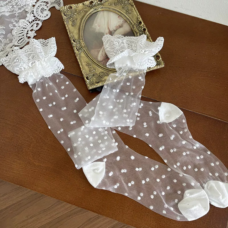 Crystal sheer lace mid-calf Lolita sock with scalloped cuff and small bow
