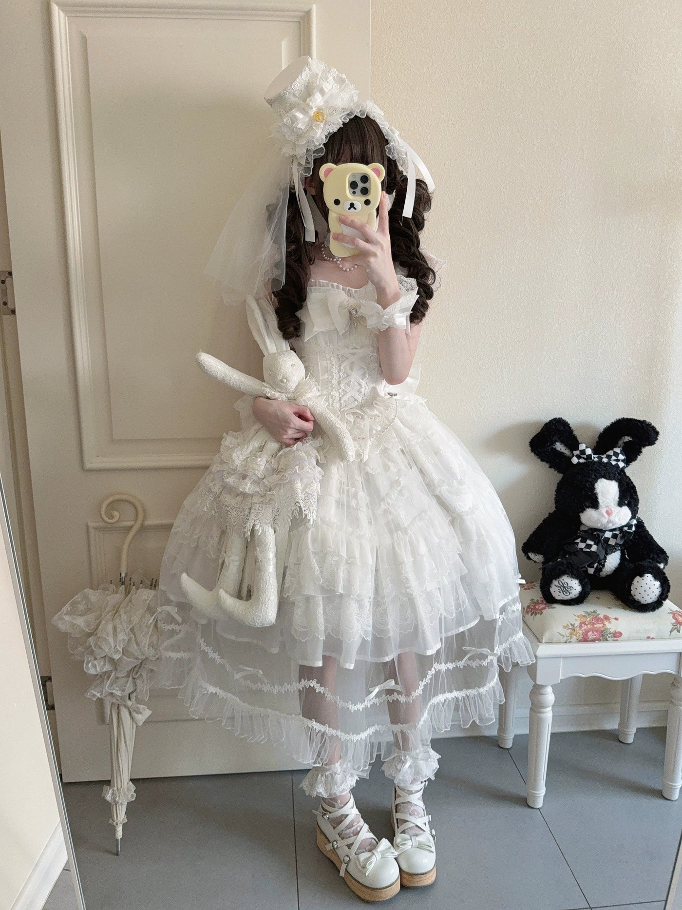 Eternal Vow - Wedding Lolita JSK, Detachable Overlay White JSK + Tulle Overlay + Back Bow + Headband (choker excluded) S
