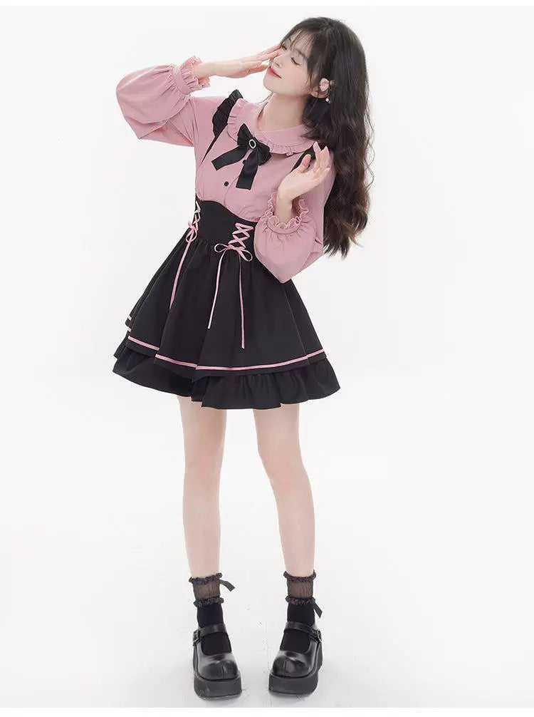 Sweetheart Dream Machine - Pink Ribbon Pinafore - Black Pinafore Dress Set with Pink Lace-Up Ribbons