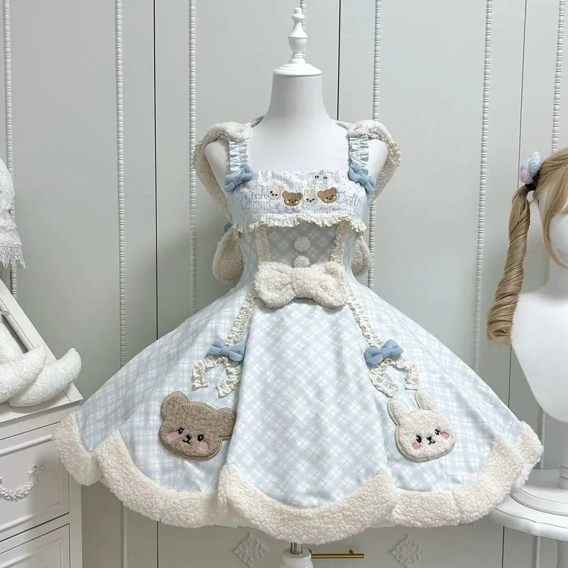 Yizhi Lamb Bunny & Bear Claw-Machine Winter JSK — Blue JSK - Full Payment