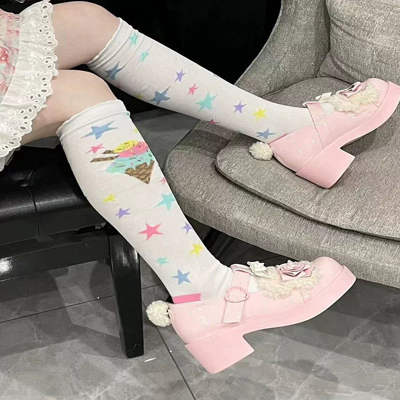 Milky Star Qiaoqiao - Ice Cream Stars - Calf Socks with Ice-Cream Motifs