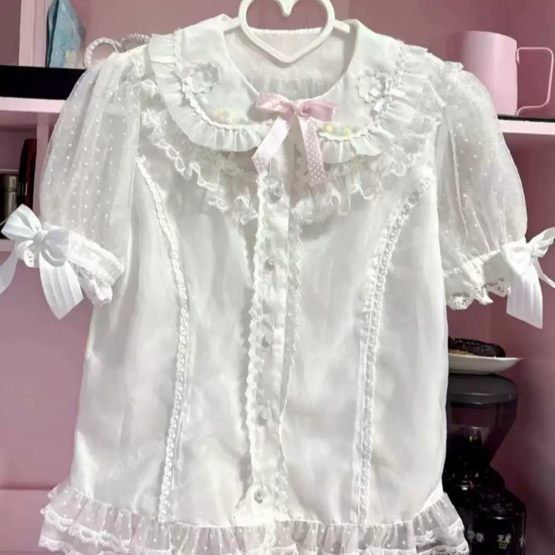 Sweetheart Dream Machine - Sweet Refresh - Sheer Polka-Dot Sleeve Blouse with Lace Trim