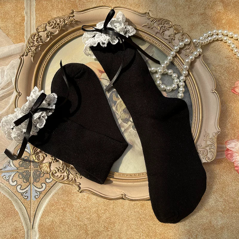 Sock Noble - Embroidered Bow - Cotton Mid-Calf Socks with Double-Layer Lace Cuffs