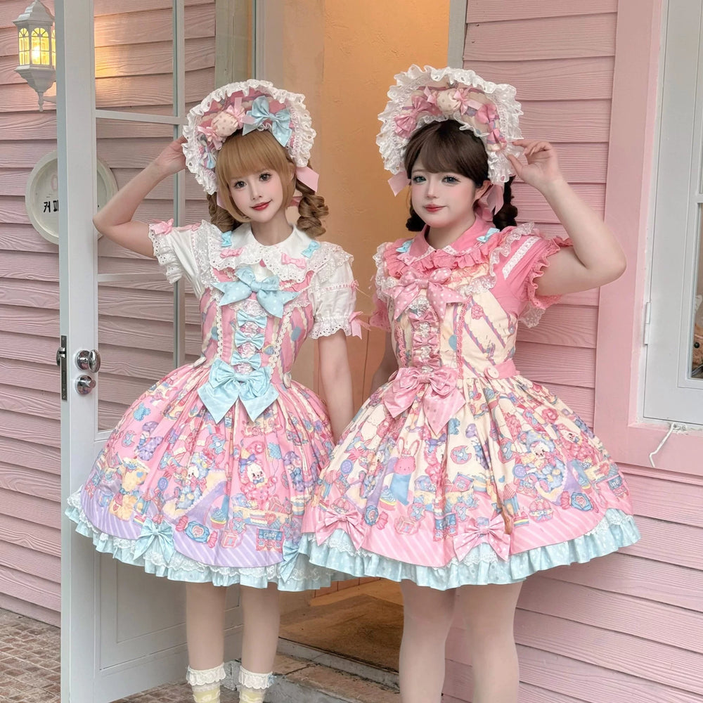 Pastel printed Lolita dresses with bunny motifs and striped ribbon details