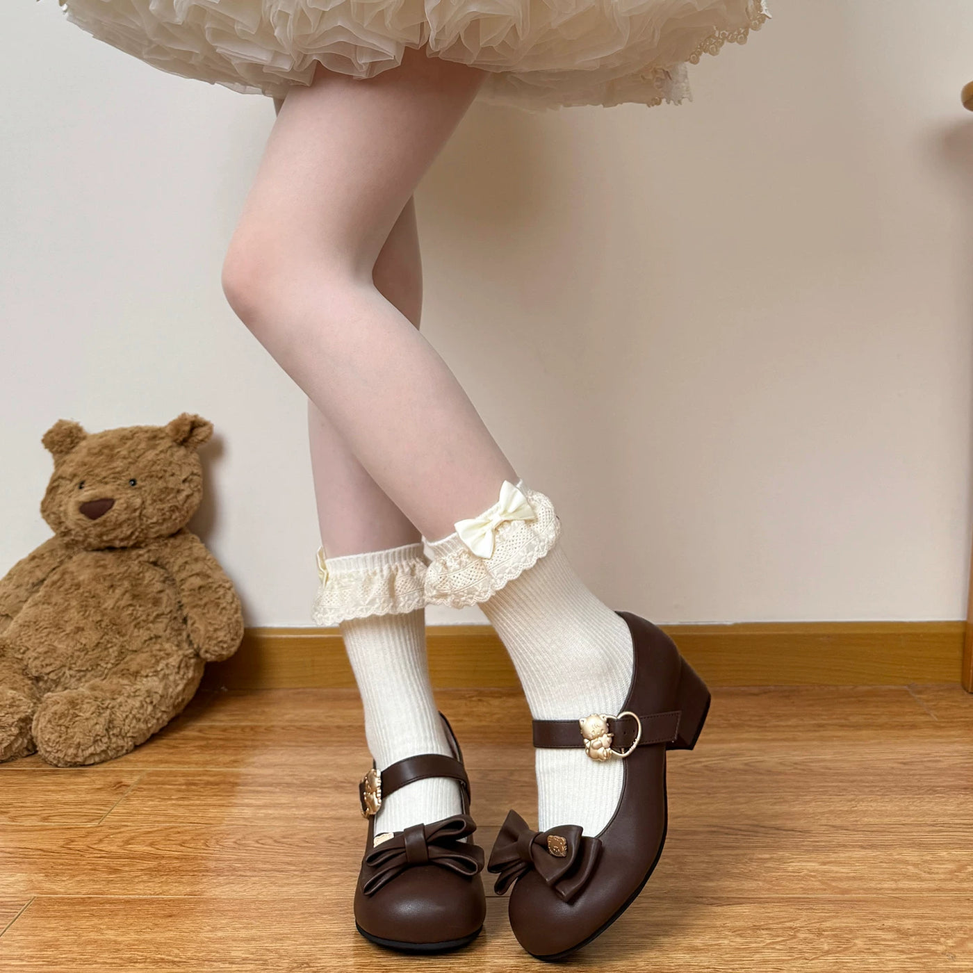 Chubby Bear Tales - Antique Doll Socks - Ribbed Mid-Calf Socks with Folded Lace Edges