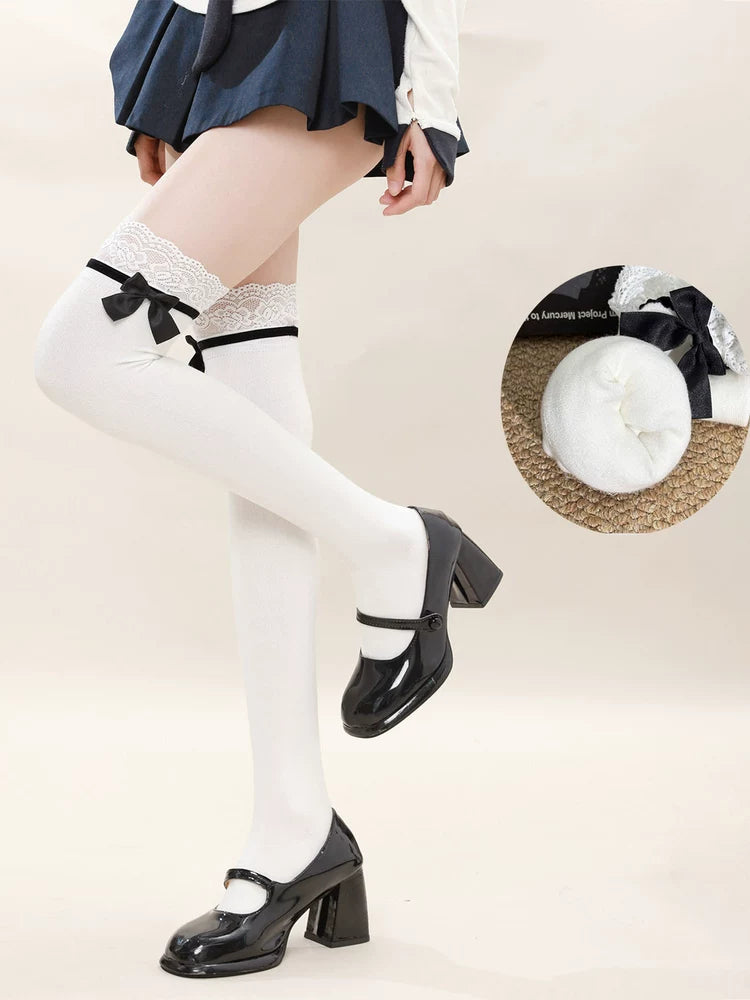 Fantasy Doll - Lace Bow - White Over-the-Knee Socks with Lace Tops