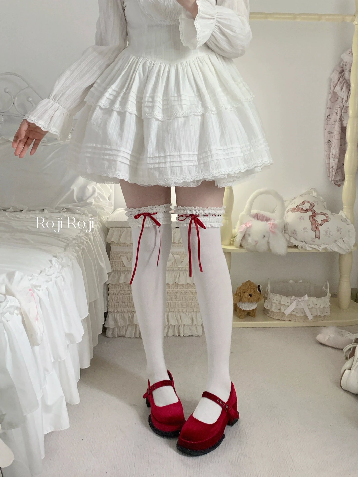 Gentle Town - Sweet Lolita Cotton Calf Socks, Ankle Socks Red thigh-high socks (no sock clips included) One Size