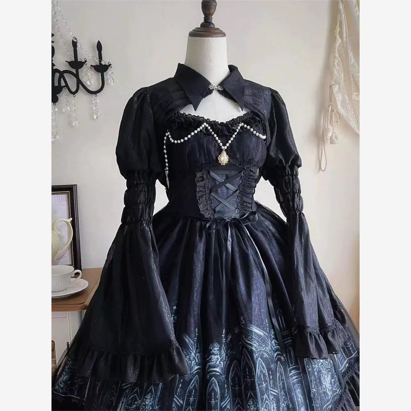 Sweetheart Dream Machine - Silent Night Cathedral - Black JSK Dress with Gothic Cathedral Print