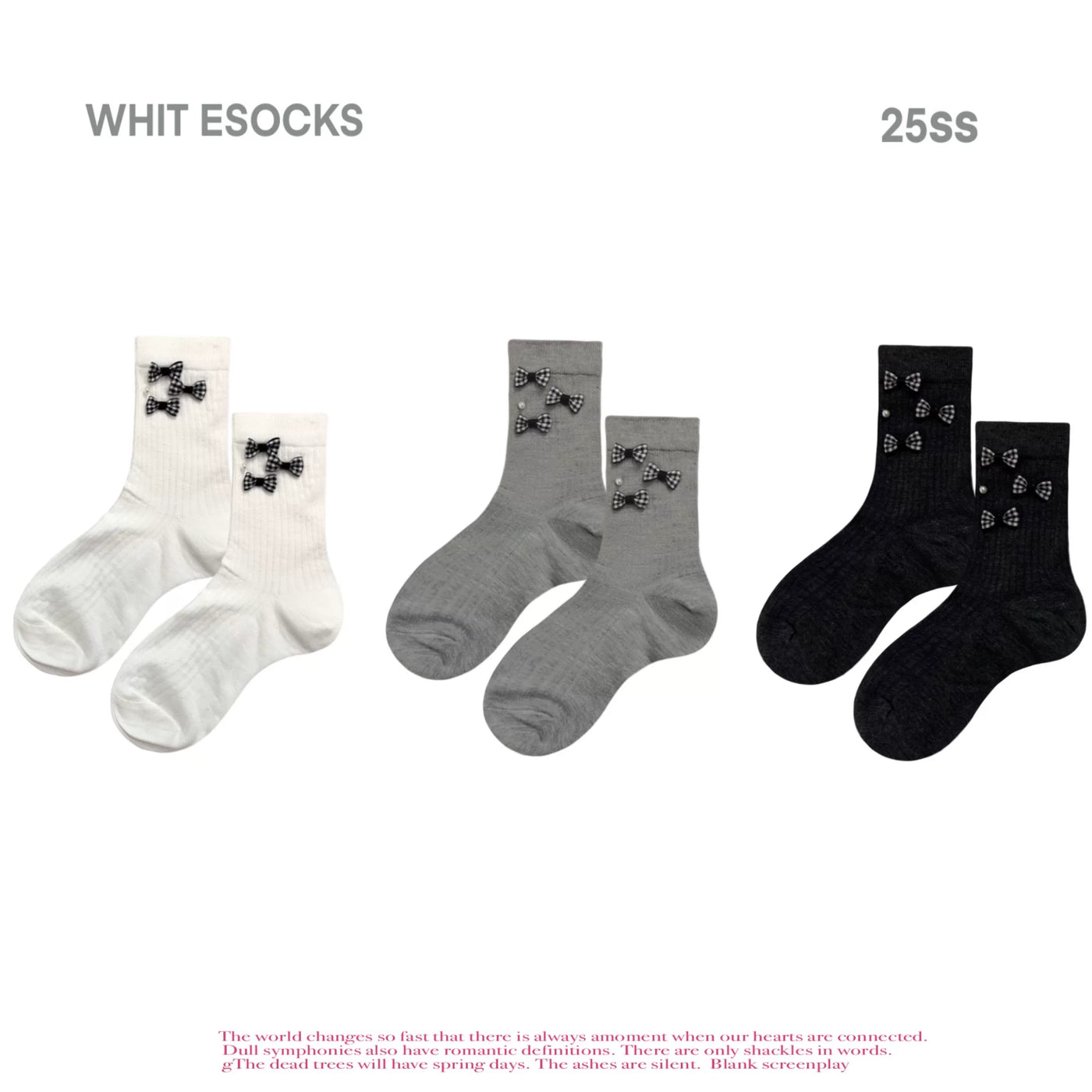 White ribbed mid-calf sock with gingham bow and pearl embellishments