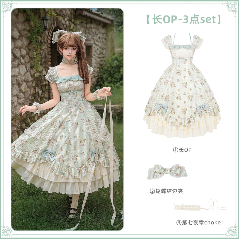 With PUJI - Meeting Austen - Cotton Classic Lolita Rose Printed OP Dress detail view 7