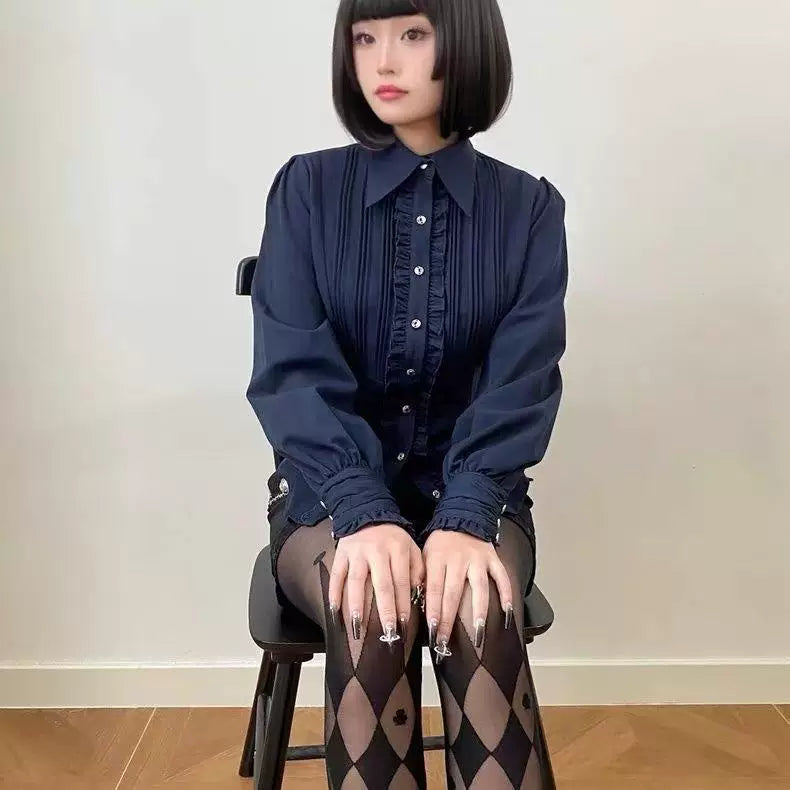 Sweetheart Dream Machine - Ruffle Pintuck - Long-Sleeve Blouse with Pintuck Pleats and Ruffle Trim