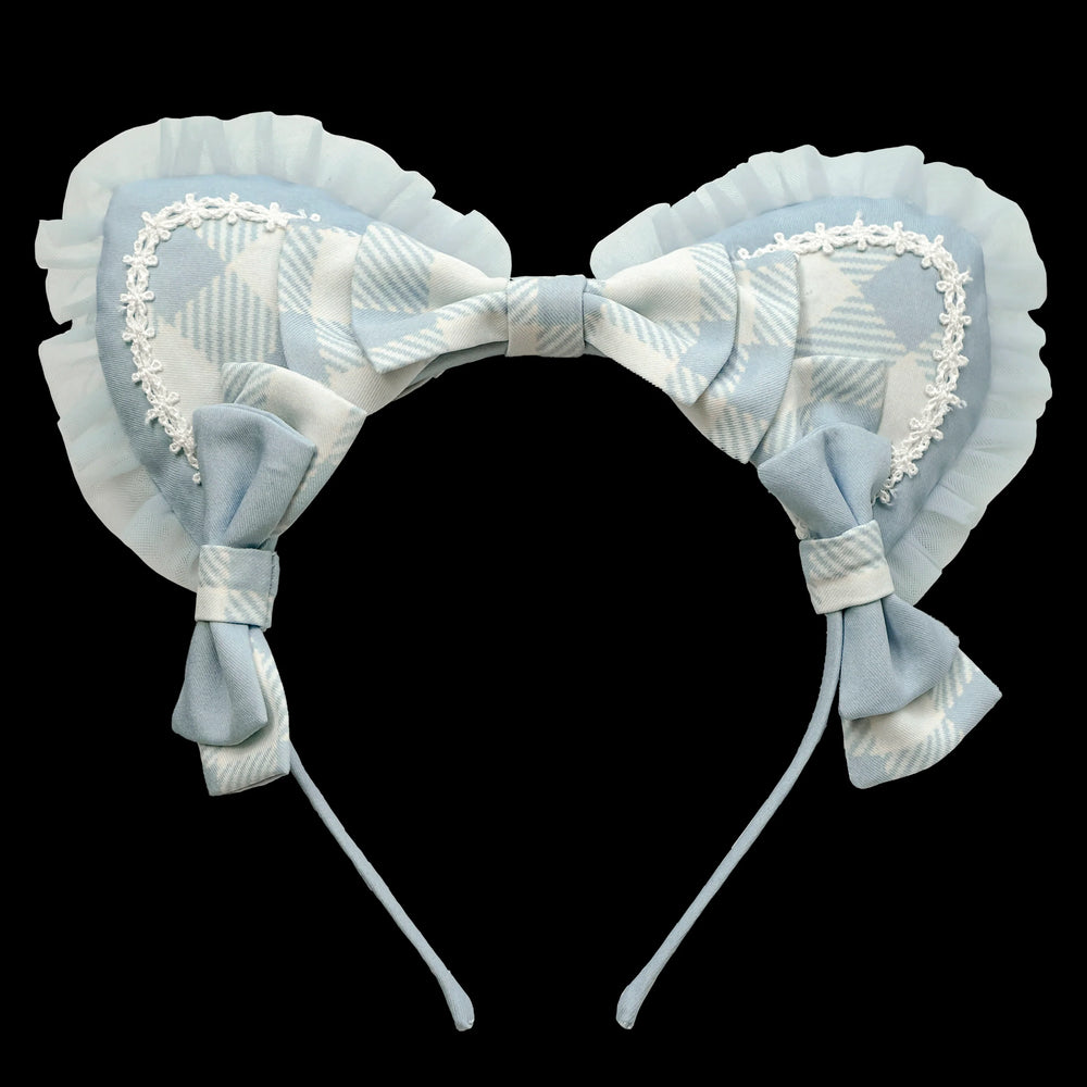 Pale blue plaid bow KC with ruffled lace edging and side ribbon bows