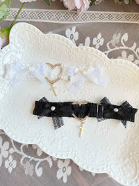Floral Milk Cat - Y2K Subculture - Lace thigh garter with a heart-and-cross charm - White