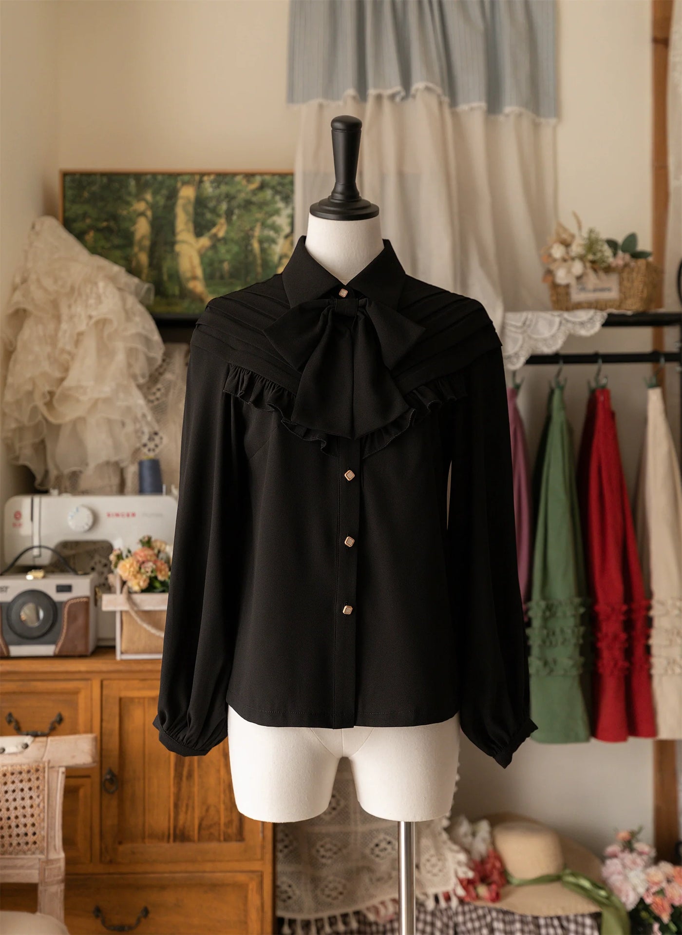 Forest Basket - Elegant Lolita Blouse, Vintage Bow Tie S Black