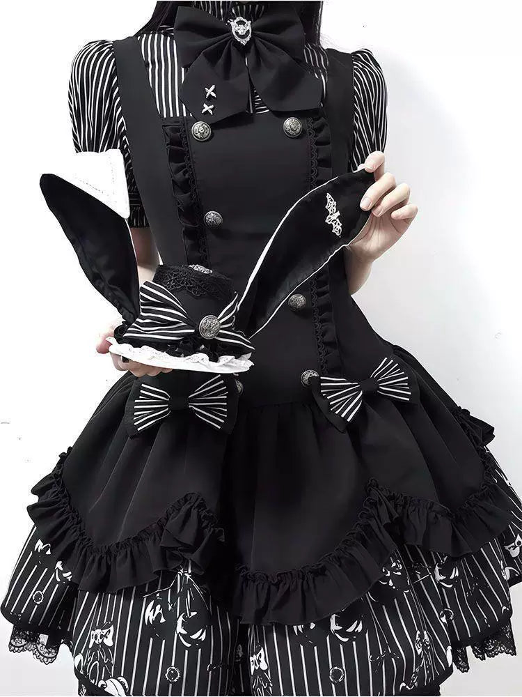 Sweetheart Dream Machine - Dark Sequence Ballad - Black-and-white striped JSK coordinate with puff sleeves