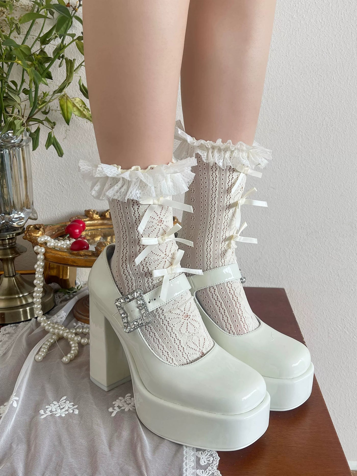 Sock Noble - Romantic Ribbon Lace - Calf Socks with Ruffled Bow Trim