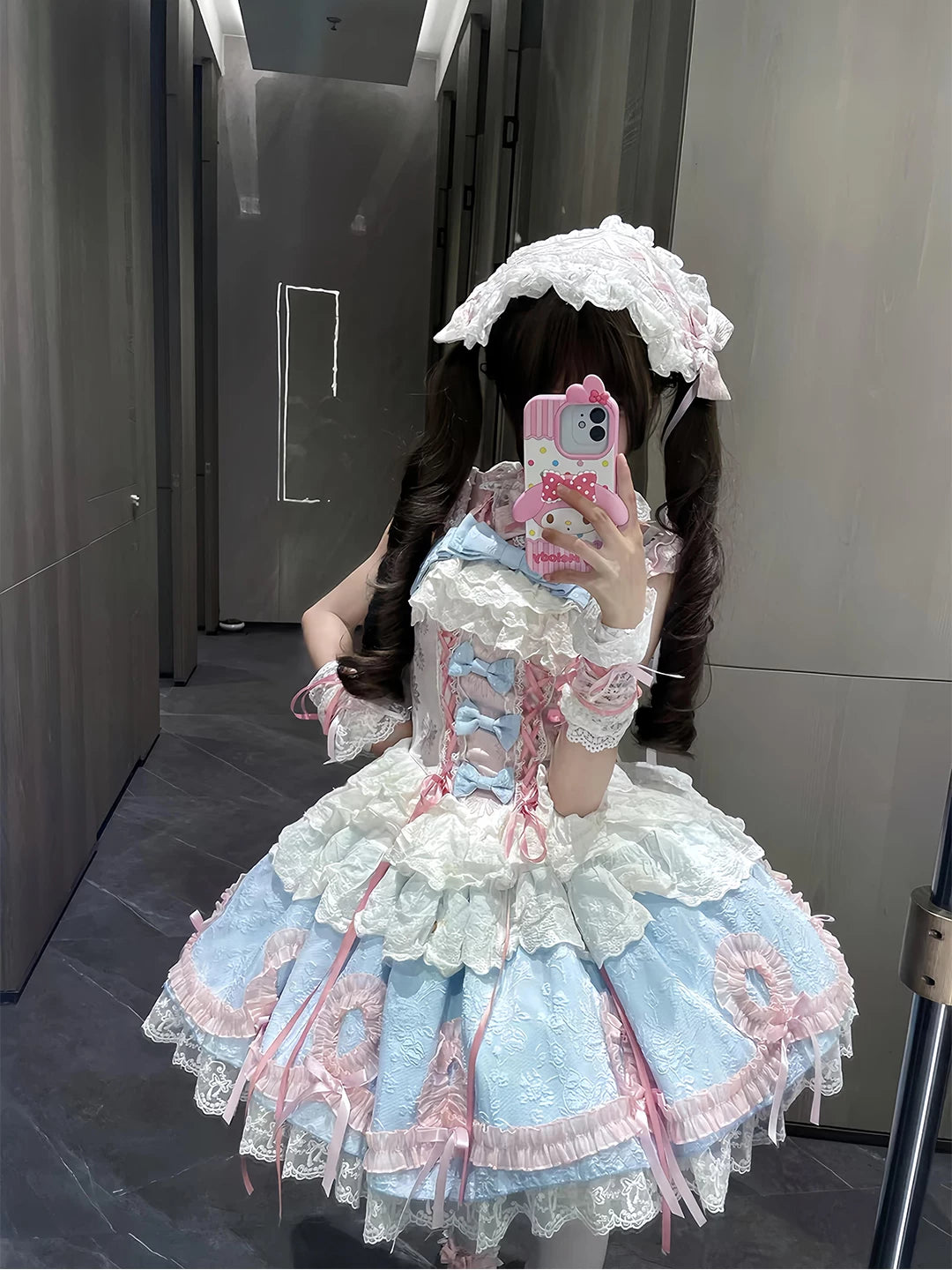 Creamy - Blue-Pink Ribbon Princess - Blue-Pink JSK Dress with Trailing Skirt and Back Bow