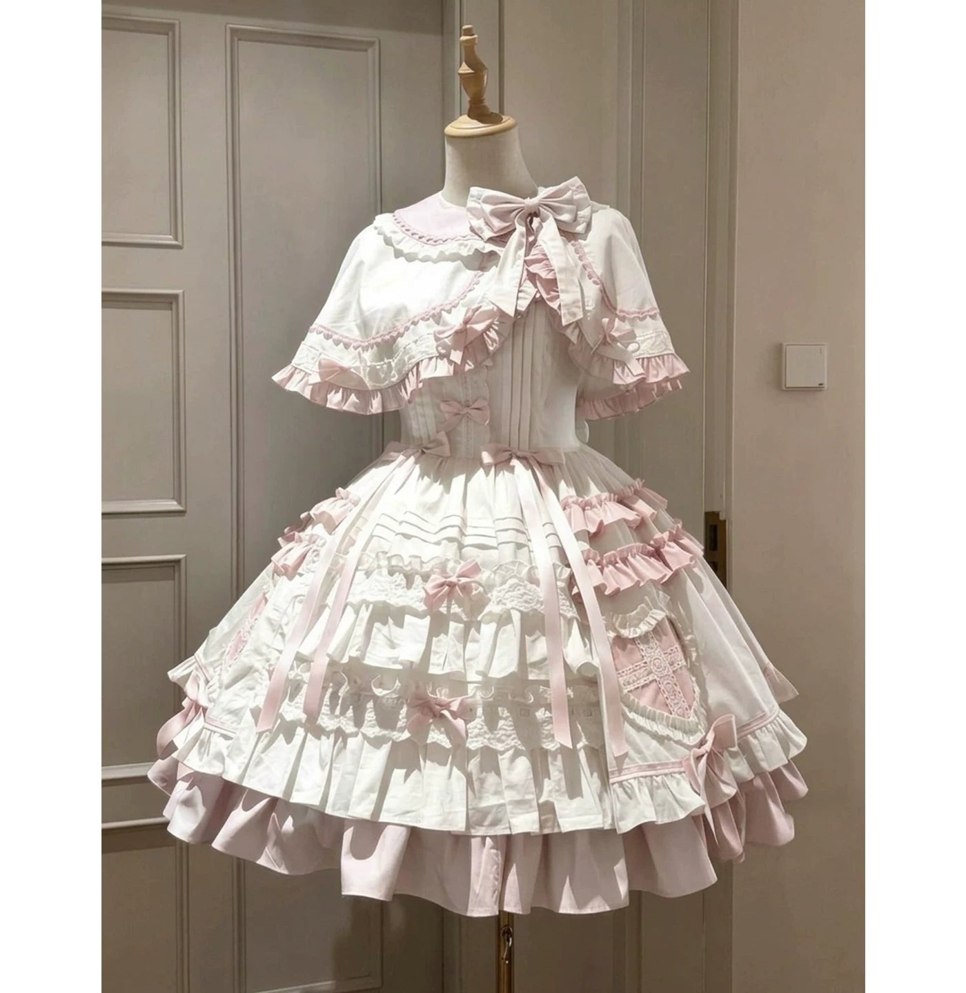 Creamy - Heart Cape - Pink-and-White JSK Dress with Cape