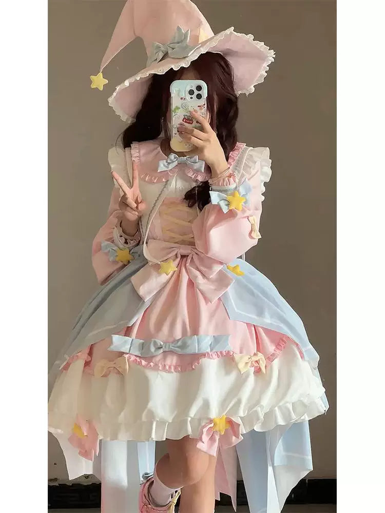 Blue-pink sweet lolita long-sleeve OP dress with extended train, featuring puffed bishop sleeves and corset-style lacing