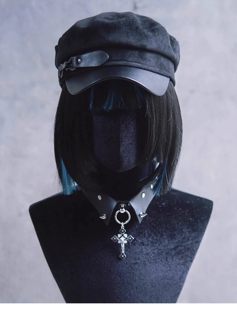 Strange Sugar - Gothic Newsboy - Gothic Lolita wool newsboy hat with cross, belt and metal details - product detail 3