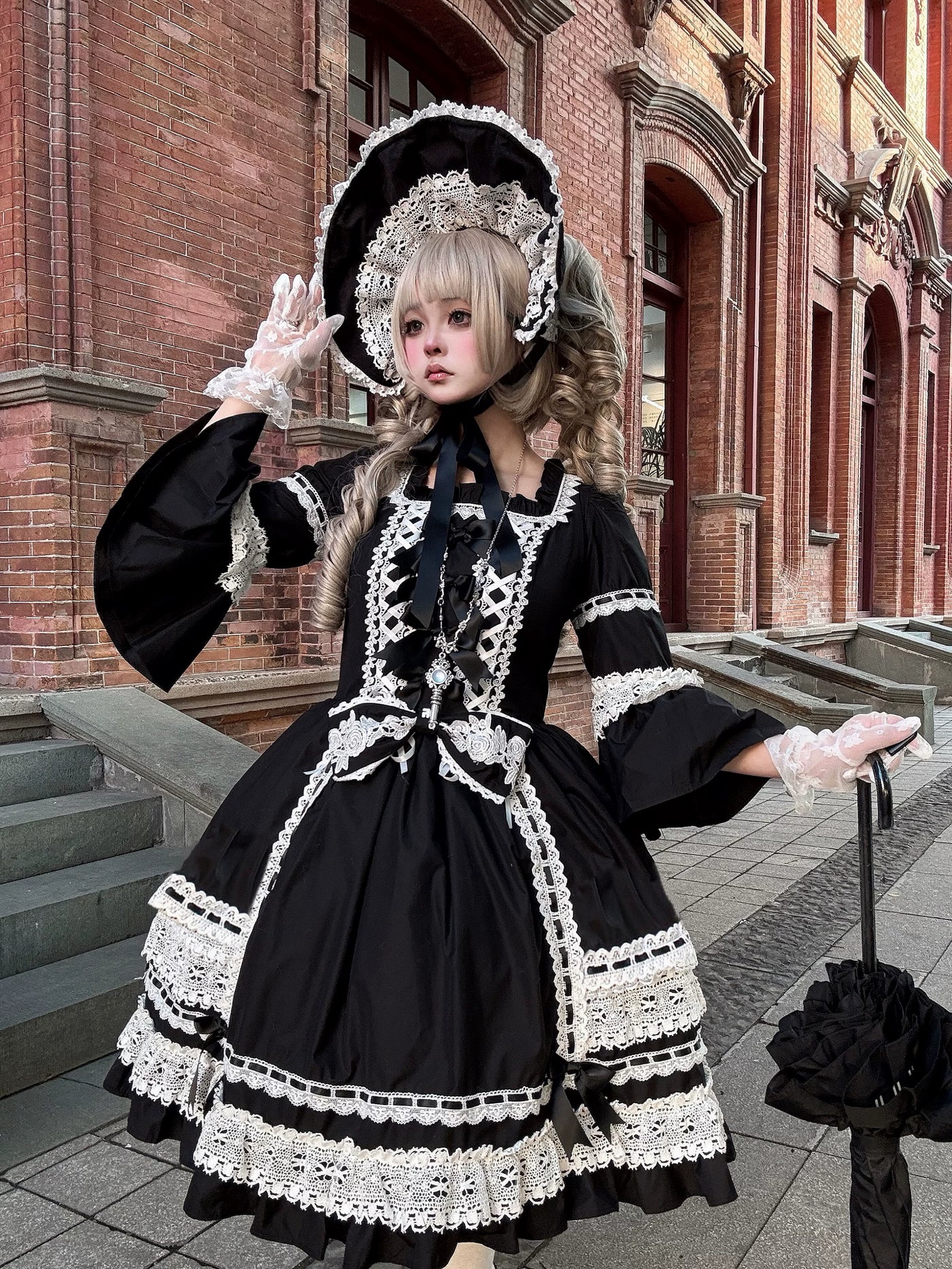 Tata Long Ear - First-Generation Maiden - Black OP Dress with White Lace Trim